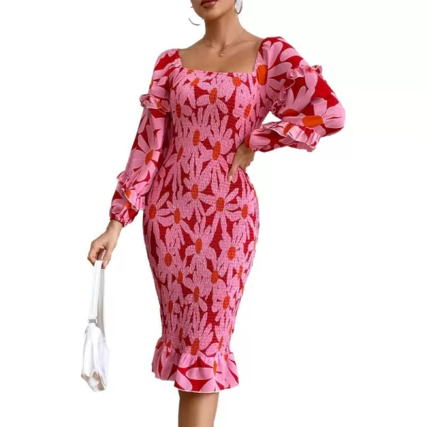 imagePRETTYGARDEN Womens Long Puff Sleeve Floral Midi Bodycon Dresses Square Neck Ruffle Mermaid Smocked DressRed Floral