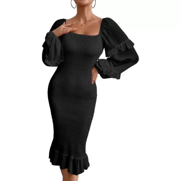 imagePRETTYGARDEN Womens Long Puff Sleeve Floral Midi Bodycon Dresses Square Neck Ruffle Mermaid Smocked DressSolid Black