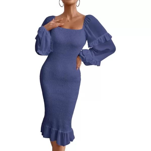 imagePRETTYGARDEN Womens Long Puff Sleeve Floral Midi Bodycon Dresses Square Neck Ruffle Mermaid Smocked DressSolid Dark Blue