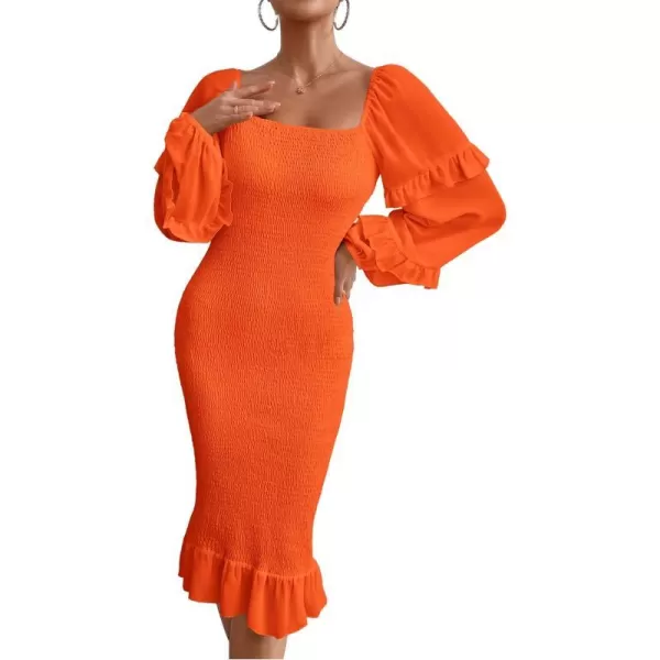 imagePRETTYGARDEN Womens Long Puff Sleeve Floral Midi Bodycon Dresses Square Neck Ruffle Mermaid Smocked DressSolid Orange