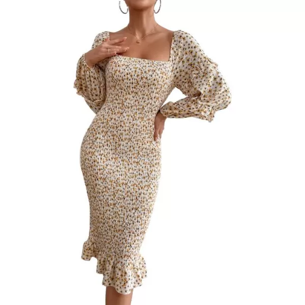 imagePRETTYGARDEN Womens Long Puff Sleeve Floral Midi Bodycon Dresses Square Neck Ruffle Mermaid Smocked DressWhite Yellow