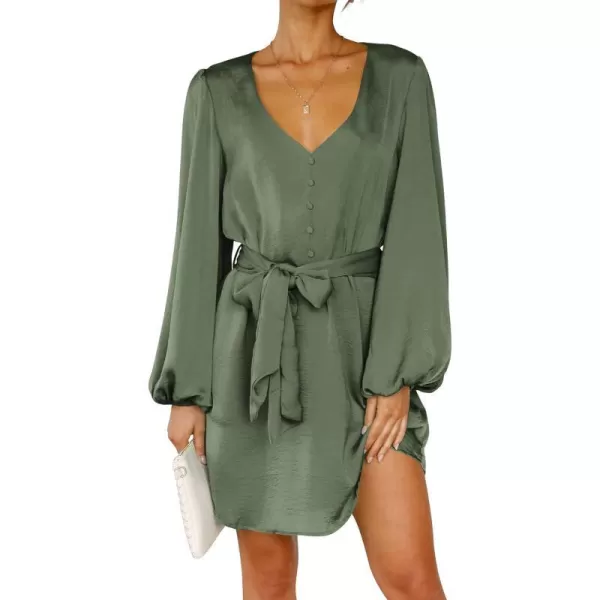 imagePRETTYGARDEN Womens Long Puff Sleeve Satin V Neck Cocktail Party Belted Short Formal DressesArmy Green