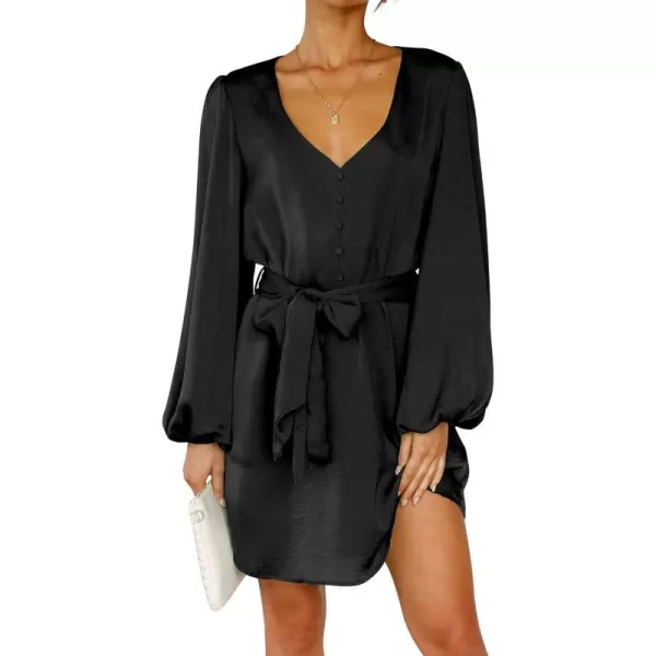 imagePRETTYGARDEN Womens Long Puff Sleeve Satin V Neck Cocktail Party Belted Short Formal DressesBlack