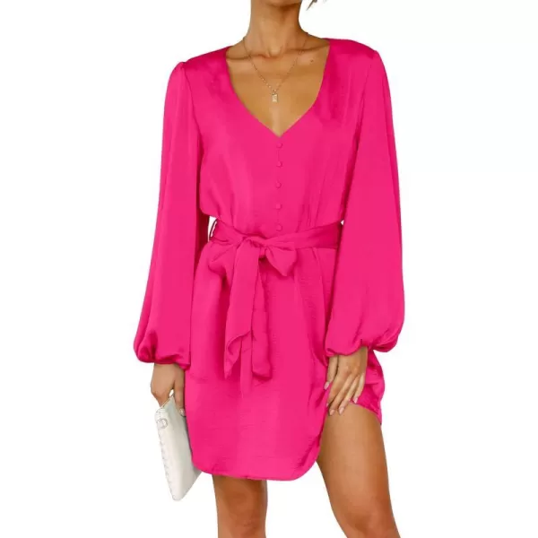imagePRETTYGARDEN Womens Long Puff Sleeve Satin V Neck Cocktail Party Belted Short Formal DressesBright Rose Red