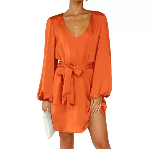 imagePRETTYGARDEN Womens Long Puff Sleeve Satin V Neck Cocktail Party Belted Short Formal DressesBrilliant Orange