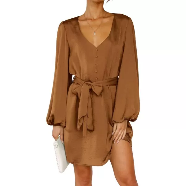 imagePRETTYGARDEN Womens Long Puff Sleeve Satin V Neck Cocktail Party Belted Short Formal DressesBrown