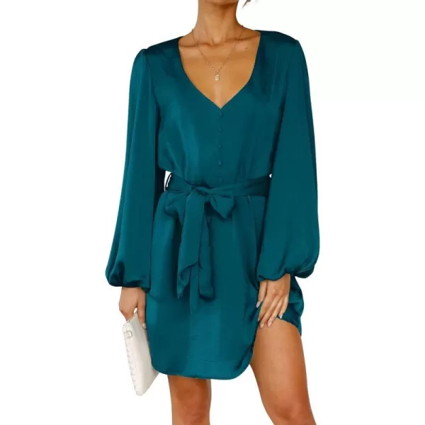 imagePRETTYGARDEN Womens Long Puff Sleeve Satin V Neck Cocktail Party Belted Short Formal DressesDark Blue
