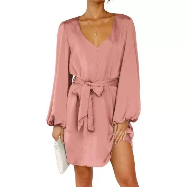 imagePRETTYGARDEN Womens Long Puff Sleeve Satin V Neck Cocktail Party Belted Short Formal DressesDusty Pink