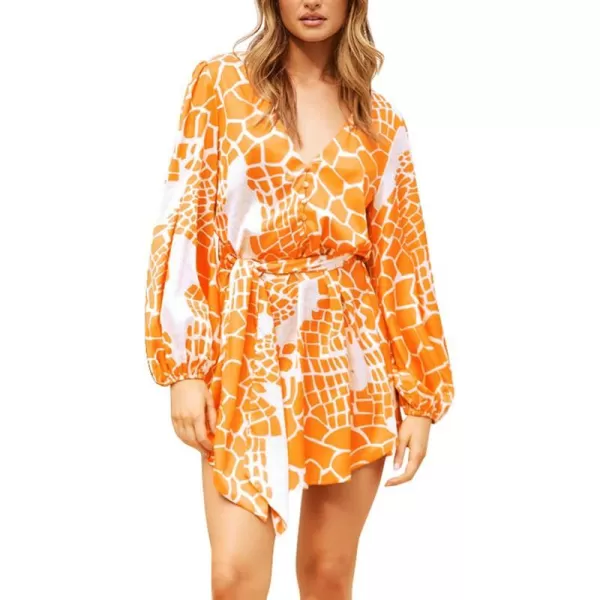 imagePRETTYGARDEN Womens Long Puff Sleeve Satin V Neck Cocktail Party Belted Short Formal DressesFloral Orange Yellow