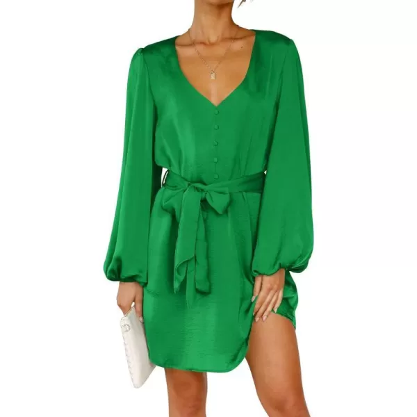 imagePRETTYGARDEN Womens Long Puff Sleeve Satin V Neck Cocktail Party Belted Short Formal DressesGrass Green
