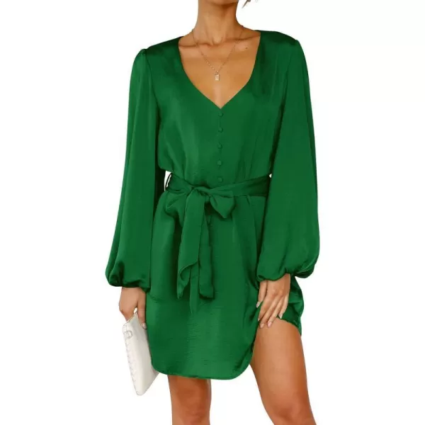 imagePRETTYGARDEN Womens Long Puff Sleeve Satin V Neck Cocktail Party Belted Short Formal DressesGreen