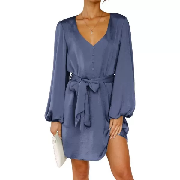 imagePRETTYGARDEN Womens Long Puff Sleeve Satin V Neck Cocktail Party Belted Short Formal DressesGrey Blue