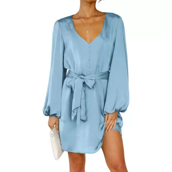 imagePRETTYGARDEN Womens Long Puff Sleeve Satin V Neck Cocktail Party Belted Short Formal DressesLight Blue
