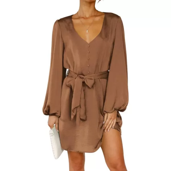 imagePRETTYGARDEN Womens Long Puff Sleeve Satin V Neck Cocktail Party Belted Short Formal DressesLight Brown