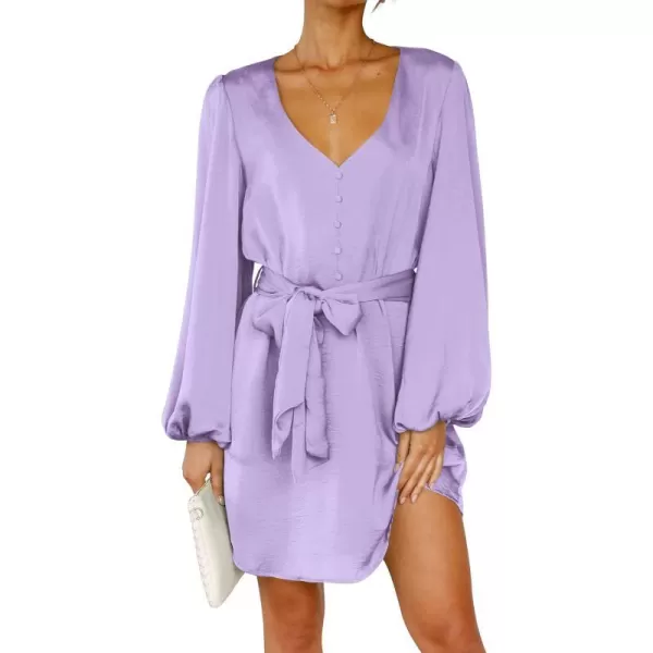 imagePRETTYGARDEN Womens Long Puff Sleeve Satin V Neck Cocktail Party Belted Short Formal DressesLight Purple