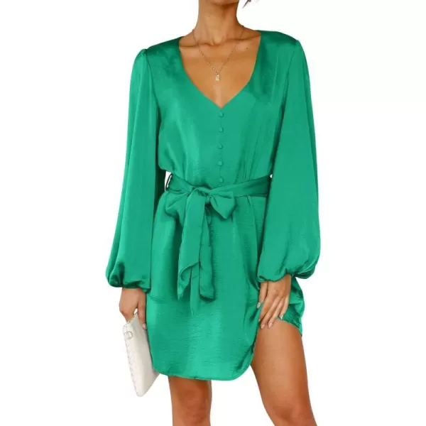 imagePRETTYGARDEN Womens Long Puff Sleeve Satin V Neck Cocktail Party Belted Short Formal DressesMid Green