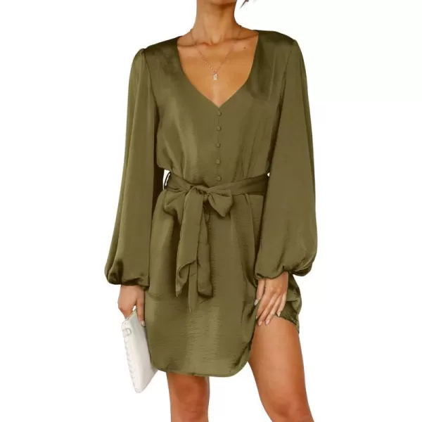 imagePRETTYGARDEN Womens Long Puff Sleeve Satin V Neck Cocktail Party Belted Short Formal DressesOlive Green