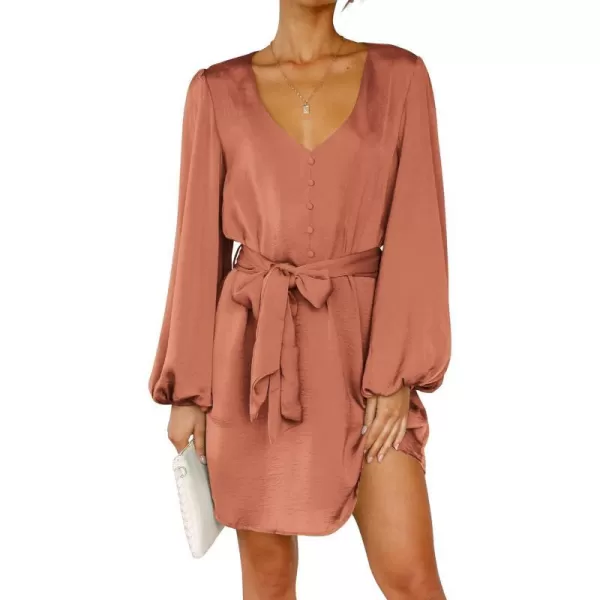 imagePRETTYGARDEN Womens Long Puff Sleeve Satin V Neck Cocktail Party Belted Short Formal DressesOrange