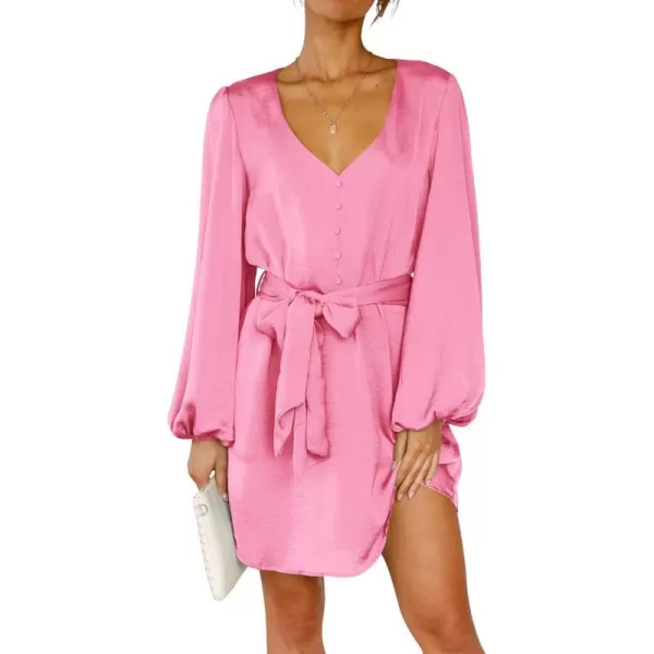 imagePRETTYGARDEN Womens Long Puff Sleeve Satin V Neck Cocktail Party Belted Short Formal DressesPink