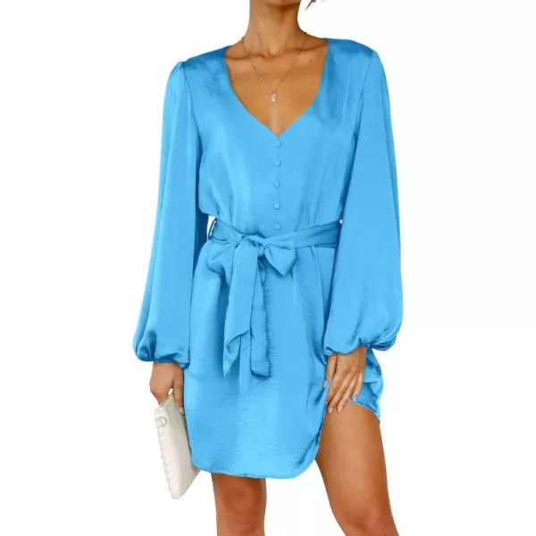 imagePRETTYGARDEN Womens Long Puff Sleeve Satin V Neck Cocktail Party Belted Short Formal DressesSky Blue