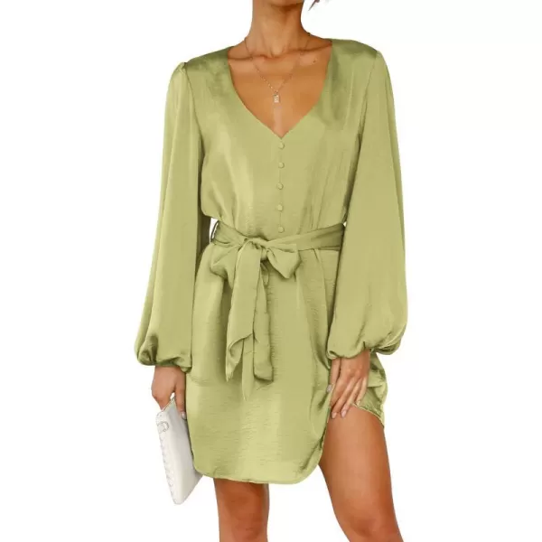 imagePRETTYGARDEN Womens Long Puff Sleeve Satin V Neck Cocktail Party Belted Short Formal DressesTender Green