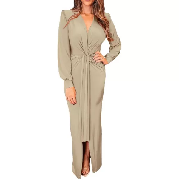 imagePRETTYGARDEN Womens Long Sleeve Maxi Bodycon Dresses V Neck Twist Front Ruched Cocktail Evening Dress with SlitApricot