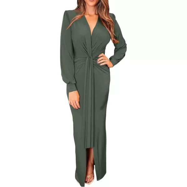 imagePRETTYGARDEN Womens Long Sleeve Maxi Bodycon Dresses V Neck Twist Front Ruched Cocktail Evening Dress with SlitArmy Green