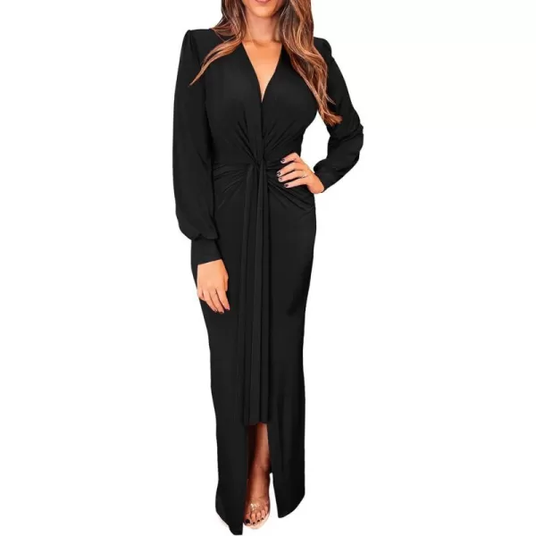 imagePRETTYGARDEN Womens Long Sleeve Maxi Bodycon Dresses V Neck Twist Front Ruched Cocktail Evening Dress with SlitBlack