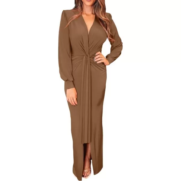 imagePRETTYGARDEN Womens Long Sleeve Maxi Bodycon Dresses V Neck Twist Front Ruched Cocktail Evening Dress with SlitBrown