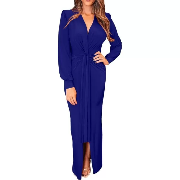 imagePRETTYGARDEN Womens Long Sleeve Maxi Bodycon Dresses V Neck Twist Front Ruched Cocktail Evening Dress with SlitDark Royal Blue