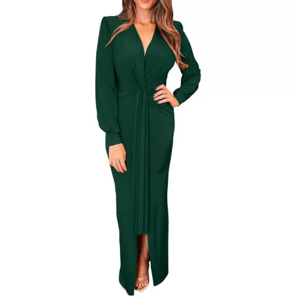 imagePRETTYGARDEN Womens Long Sleeve Maxi Bodycon Dresses V Neck Twist Front Ruched Cocktail Evening Dress with SlitGreen
