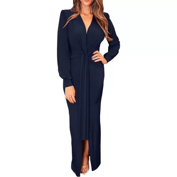 imagePRETTYGARDEN Womens Long Sleeve Maxi Bodycon Dresses V Neck Twist Front Ruched Cocktail Evening Dress with SlitNavy
