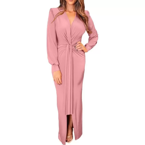 imagePRETTYGARDEN Womens Long Sleeve Maxi Bodycon Dresses V Neck Twist Front Ruched Cocktail Evening Dress with SlitPink