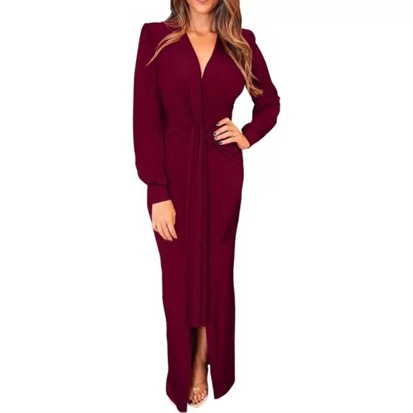 imagePRETTYGARDEN Womens Long Sleeve Maxi Bodycon Dresses V Neck Twist Front Ruched Cocktail Evening Dress with SlitWine Red