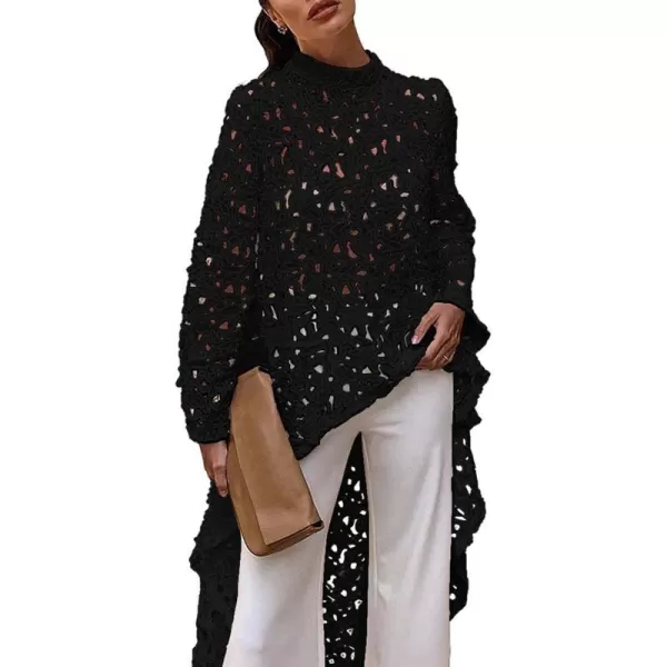 imagePRETTYGARDEN Womens Long Sleeve Round Neck High Low Asymmetrical Irregular Hem Casual Tops Blouse Shirt DressBlack