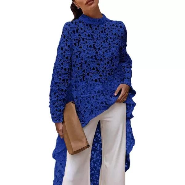 imagePRETTYGARDEN Womens Long Sleeve Round Neck High Low Asymmetrical Irregular Hem Casual Tops Blouse Shirt DressBlue