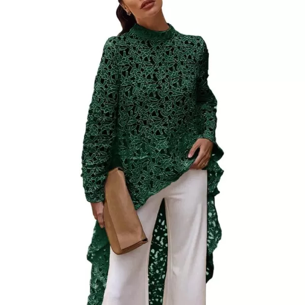 imagePRETTYGARDEN Womens Long Sleeve Round Neck High Low Asymmetrical Irregular Hem Casual Tops Blouse Shirt DressDark Green