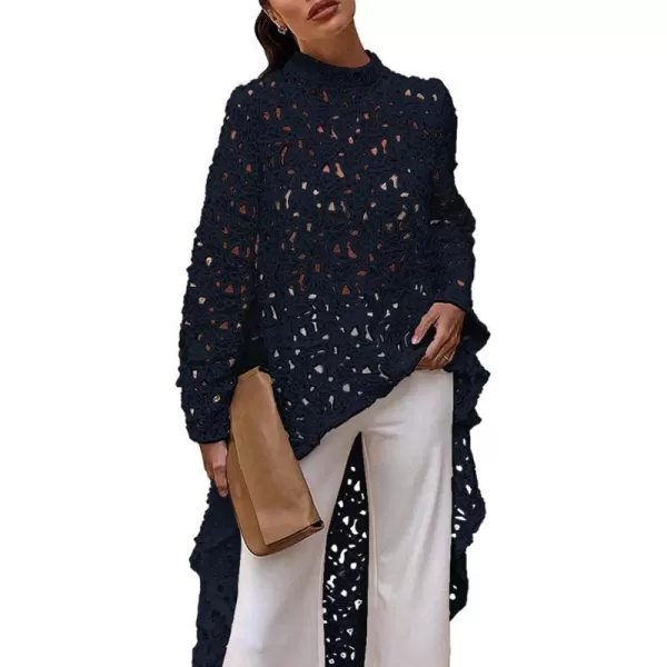 imagePRETTYGARDEN Womens Long Sleeve Round Neck High Low Asymmetrical Irregular Hem Casual Tops Blouse Shirt DressNavy