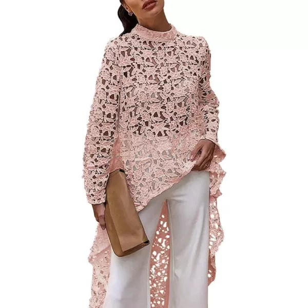 imagePRETTYGARDEN Womens Long Sleeve Round Neck High Low Asymmetrical Irregular Hem Casual Tops Blouse Shirt DressPink