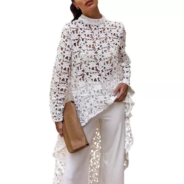 imagePRETTYGARDEN Womens Long Sleeve Round Neck High Low Asymmetrical Irregular Hem Casual Tops Blouse Shirt DressWhite