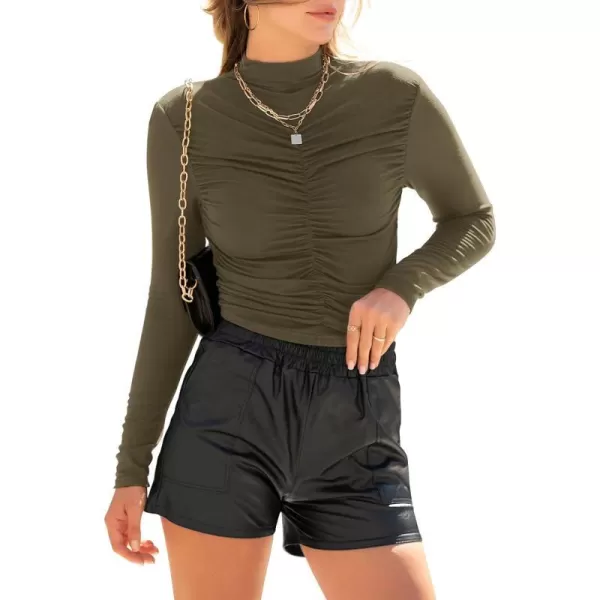 imagePRETTYGARDEN Womens Long Sleeve Tops Casual Mock Neck Basic Slim Fit Ruched Plain T ShirtsArmy Green