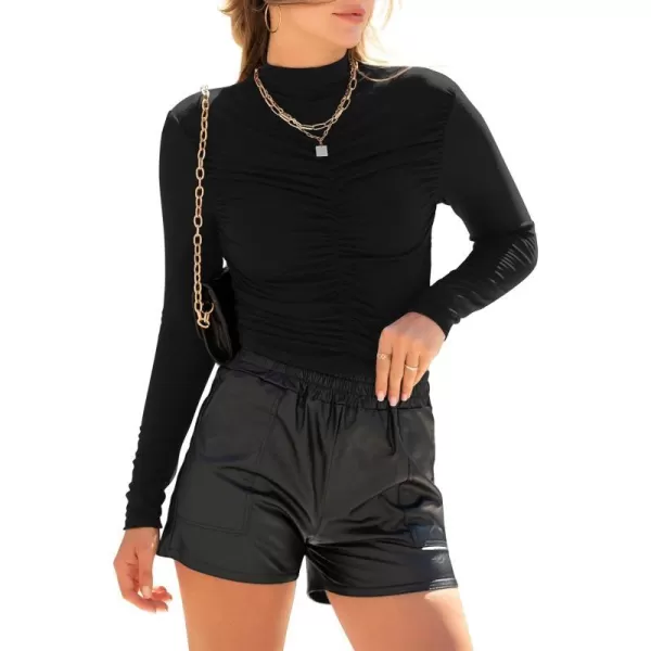 imagePRETTYGARDEN Womens Long Sleeve Tops Casual Mock Neck Basic Slim Fit Ruched Plain T ShirtsBlack