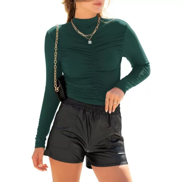 imagePRETTYGARDEN Womens Long Sleeve Tops Casual Mock Neck Basic Slim Fit Ruched Plain T ShirtsGreen