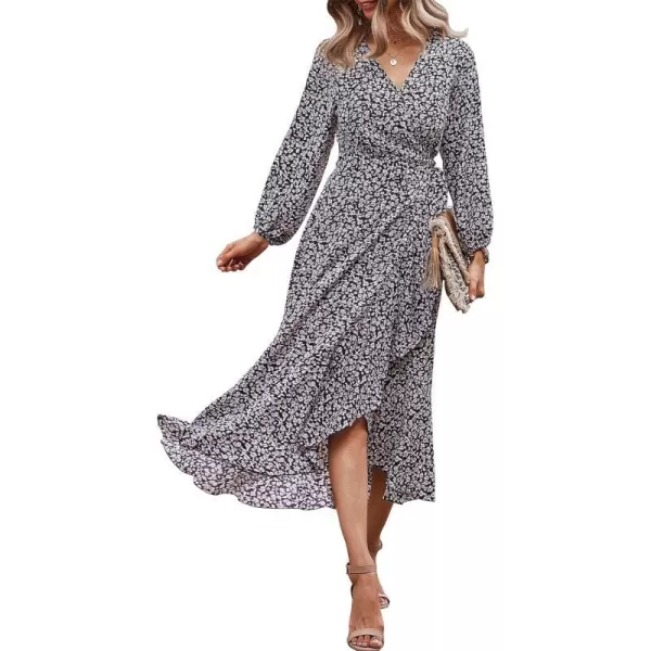 imagePRETTYGARDEN Womens Long Sleeve Vintage Flowy Dress Floral Print VNeck Maxi Dresses with BeltBlack
