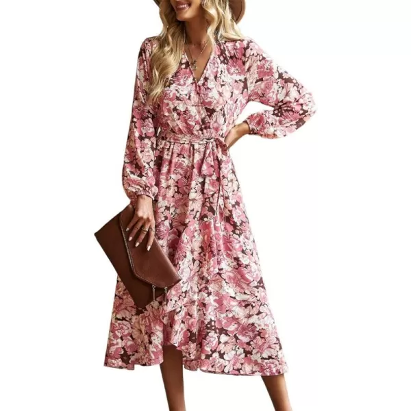 imagePRETTYGARDEN Womens Long Sleeve Vintage Flowy Dress Floral Print VNeck Maxi Dresses with BeltBlack Pink Floral