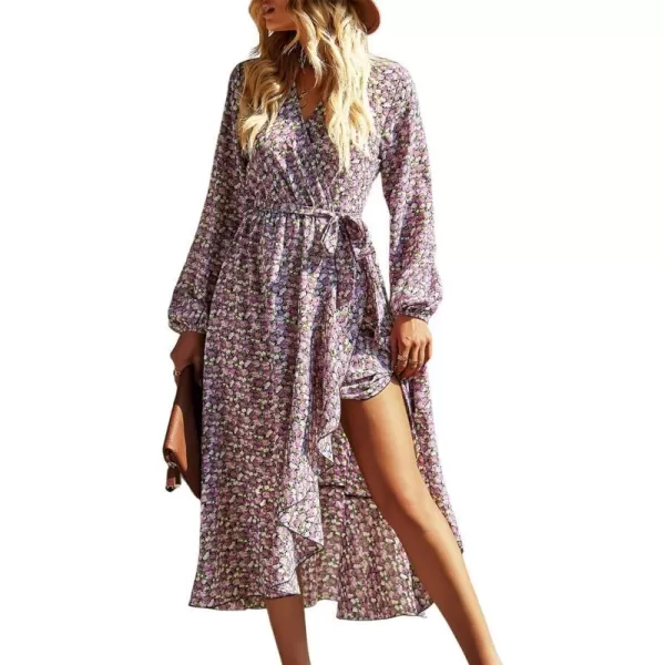 imagePRETTYGARDEN Womens Long Sleeve Vintage Flowy Dress Floral Print VNeck Maxi Dresses with BeltBlack Purple Floral