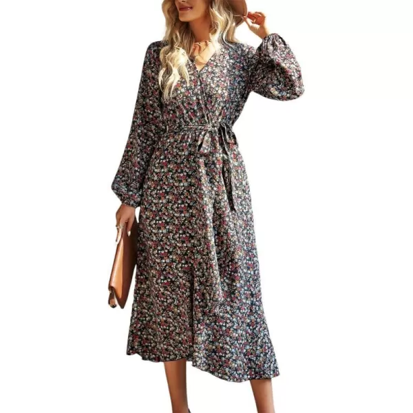 imagePRETTYGARDEN Womens Long Sleeve Vintage Flowy Dress Floral Print VNeck Maxi Dresses with BeltBlack Red Floral