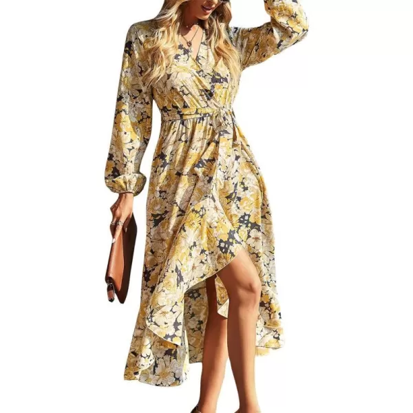 imagePRETTYGARDEN Womens Long Sleeve Vintage Flowy Dress Floral Print VNeck Maxi Dresses with BeltBlack Yellow Floral