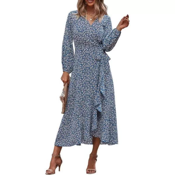 imagePRETTYGARDEN Womens Long Sleeve Vintage Flowy Dress Floral Print VNeck Maxi Dresses with BeltBlue