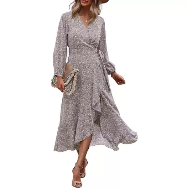 imagePRETTYGARDEN Womens Long Sleeve Vintage Flowy Dress Floral Print VNeck Maxi Dresses with BeltKhaki